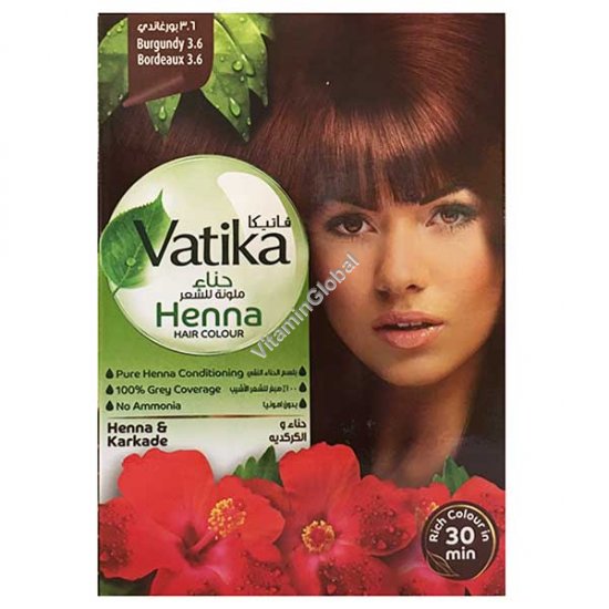 Краска для волос на основе порошка хны, цвет бургунди 3.6, 60 г (6 пакетиков по 10 г) - Vatika