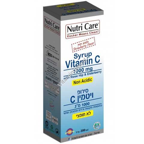 Витамин C 1000 мг в сиропе, бескислотная формула, с экстрактами шиповника и бузины, со вкусом клубники, 200 мл - Nutri Care