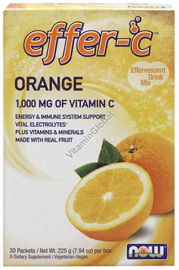 Эффер С-1000 мг витамин Ц в порошке с апельсиновым вкусом 225 гр (30 порций в индивидуальных пакетиках) - Now Foods