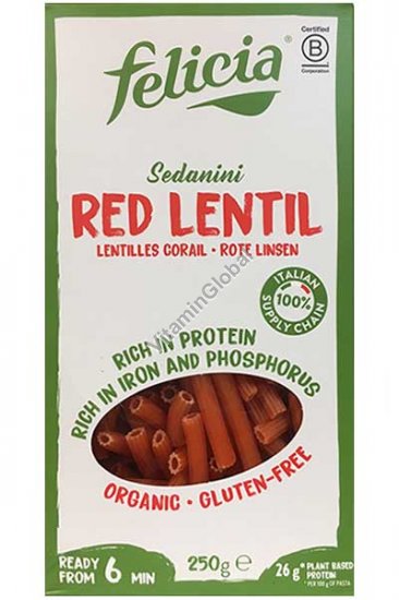 Безглютеновые органические макароны-трубочки из красной чечевицы 250 г - Filicia Bio