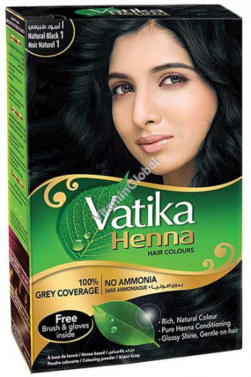 Краска для волос на основе порошка хны - натуральный черный цвет 60 гр. (6 пакетиков по 10 гр) - Vatika