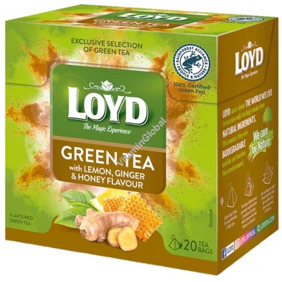 Зеленый чай с лимоном, имбирем и вкусом меда 20 фильтр-пакетиков пирамид - Loyd