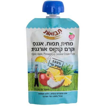 Органическое фруктовое пюре из яблок, ананаса и кокосового крема 100 г - Tvuot