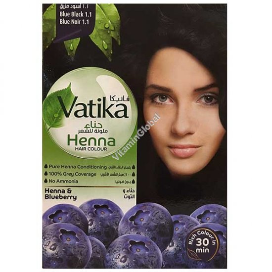 Краска для волос на основе хны, сине-черный 1.1, 60 г (6 саше по 10 г) - Vatika